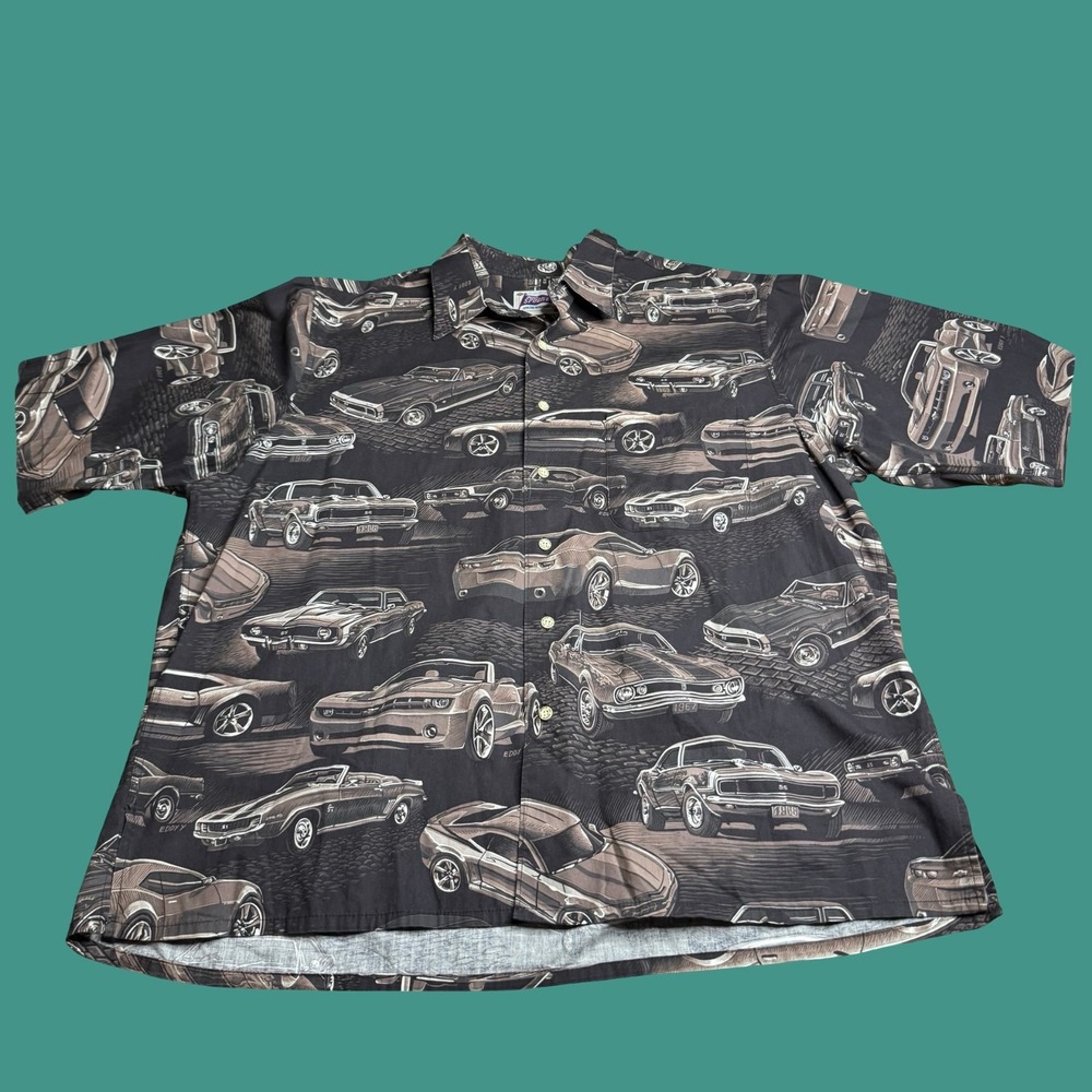 Reyn Spooner Eddy Y Button Up Shirt XXL Brown Chevy Camaro Classic Car Print